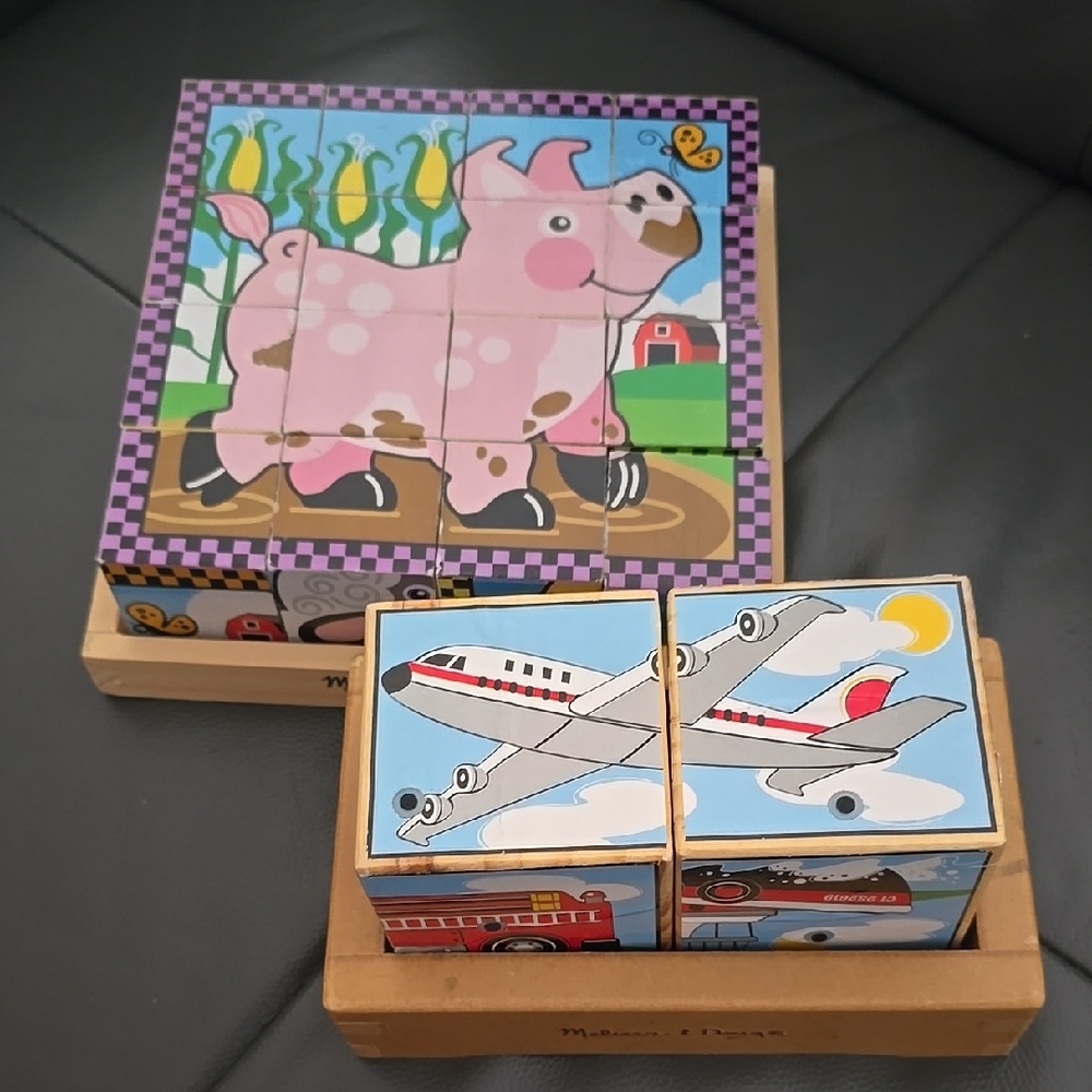 Set Of 2 Melissa & Doug Wooden Blocks -  Animal and Vehicle Puzzles